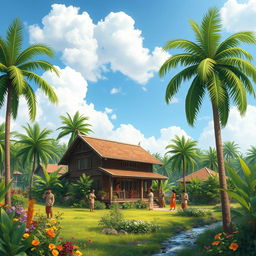 A beautiful scene depicting a traditional Malay village with lush greenery and palm trees