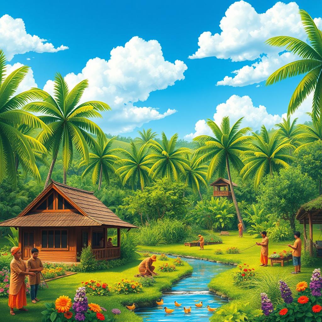 A beautiful scene depicting a traditional Malay village with lush greenery and palm trees