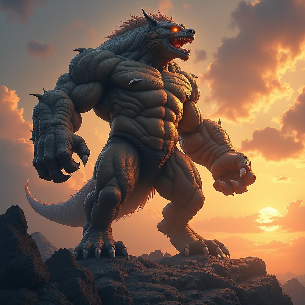 A colossal muscle-bound beast standing triumphantly on a rocky hillside, showcasing immense muscles and a fierce expression