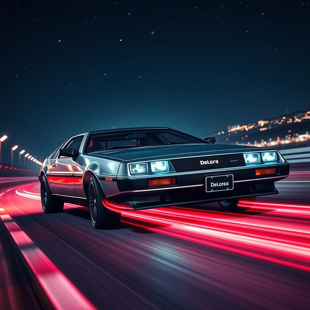 A sleek silver chrome DeLorean named 'DeLorea,' designed for high-speed, retro racing