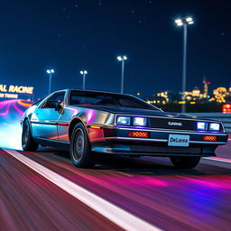 A sleek silver chrome DeLorean named 'DeLorea,' designed for high-speed, retro racing