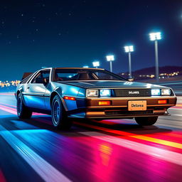 A sleek silver chrome DeLorean named 'DeLorea,' designed for high-speed, retro racing