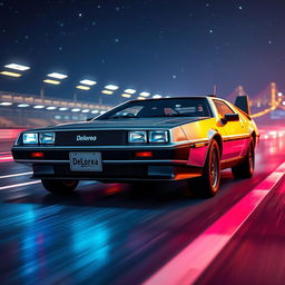 A sleek silver chrome DeLorean named 'DeLorea,' designed for high-speed, retro racing