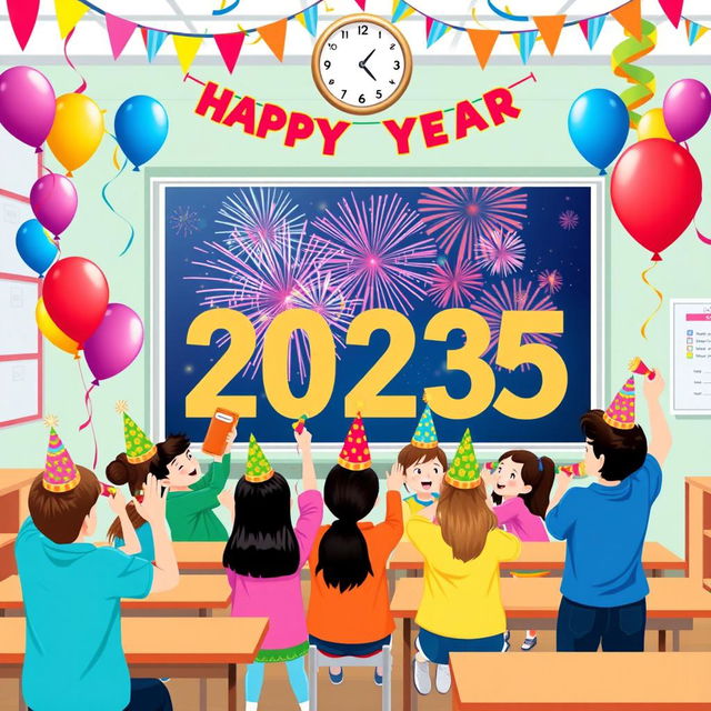 A vibrant and colorful New Year 2025 celebration scene designed for a school setting