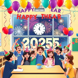 A vibrant and colorful New Year 2025 celebration scene designed for a school setting