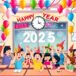 A vibrant and colorful New Year 2025 celebration scene designed for a school setting