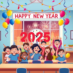 A vibrant and colorful New Year 2025 celebration scene designed for a school setting