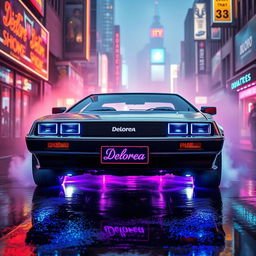 A futuristic silver chrome DeLorean named 'DeLorea,' equipped with glowing purple LED lights under its chassis that radiate a soft, ethereal glow