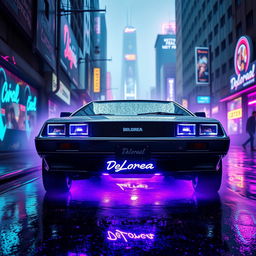 A futuristic silver chrome DeLorean named 'DeLorea,' equipped with glowing purple LED lights under its chassis that radiate a soft, ethereal glow