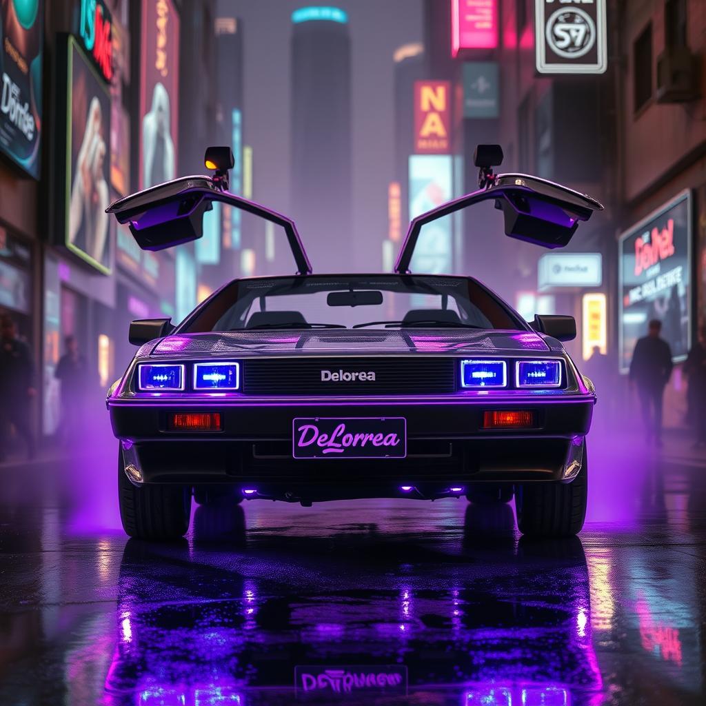 A futuristic silver chrome DeLorean named 'DeLorea,' equipped with glowing purple LED lights under its chassis that radiate a soft, ethereal glow