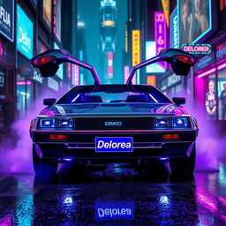A futuristic silver chrome DeLorean named 'DeLorea,' equipped with glowing purple LED lights under its chassis that radiate a soft, ethereal glow