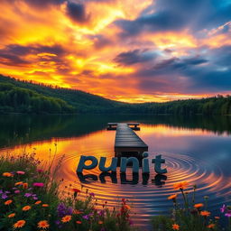 A serene landscape featuring a majestic sunset over a tranquil lake, surrounded by lush green forests