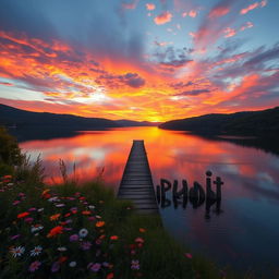 A serene landscape featuring a majestic sunset over a tranquil lake, surrounded by lush green forests