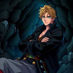 A Light Novel cover featuring an adult male pirate with light-brown hair and striking emerald eyes