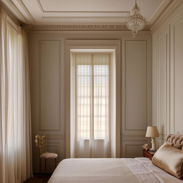 A bedroom designed in a neoclassical style, featuring short walls and a single, small window. The room is adorned with classic furnishings, elegant decor, and subtle light pouring through the window.