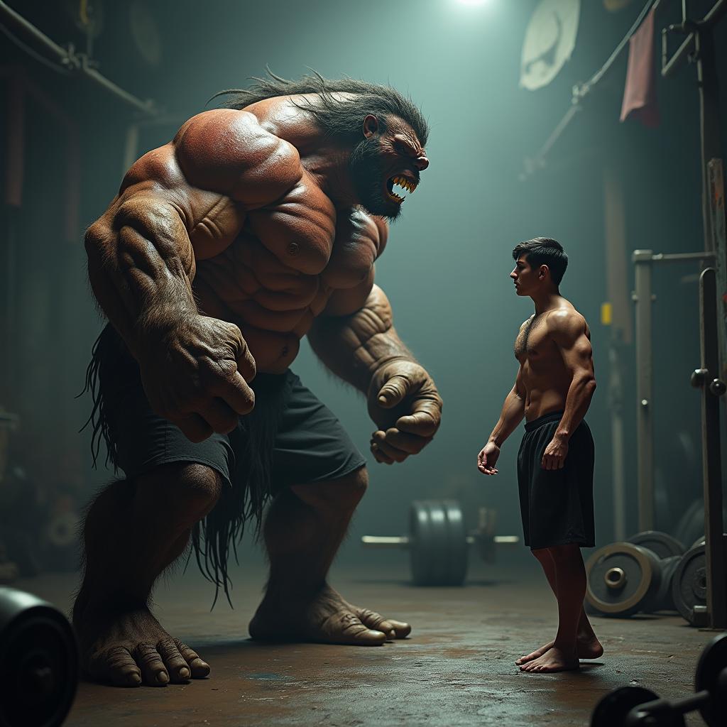 An intense scene depicting a muscular beast and a skinny opponent facing off in a dramatic showdown