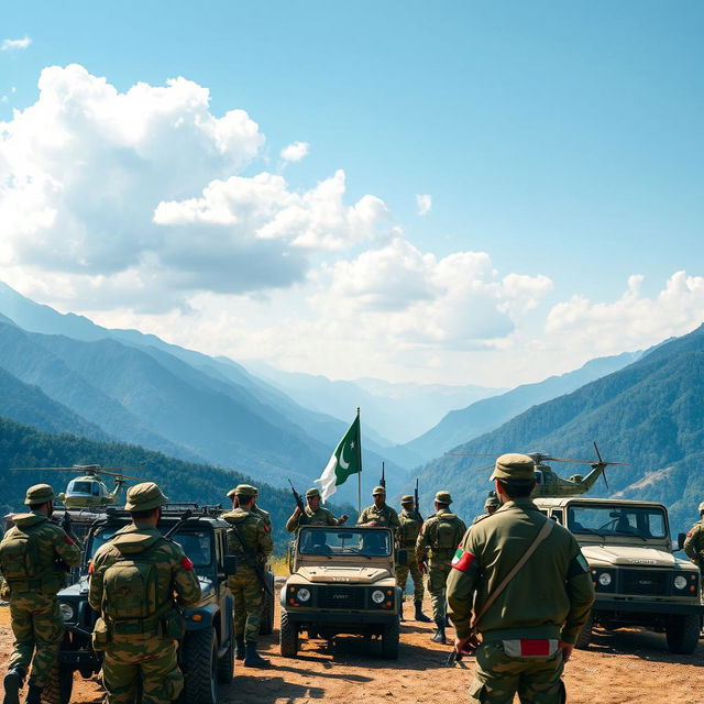 A majestic view of the Pakistan Army in action, showcasing soldiers in traditional military uniforms, demonstrating discipline and teamwork