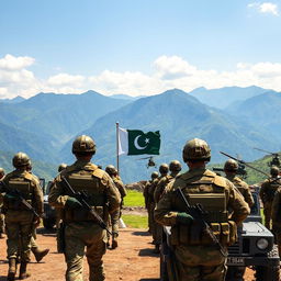 A majestic view of the Pakistan Army in action, showcasing soldiers in traditional military uniforms, demonstrating discipline and teamwork