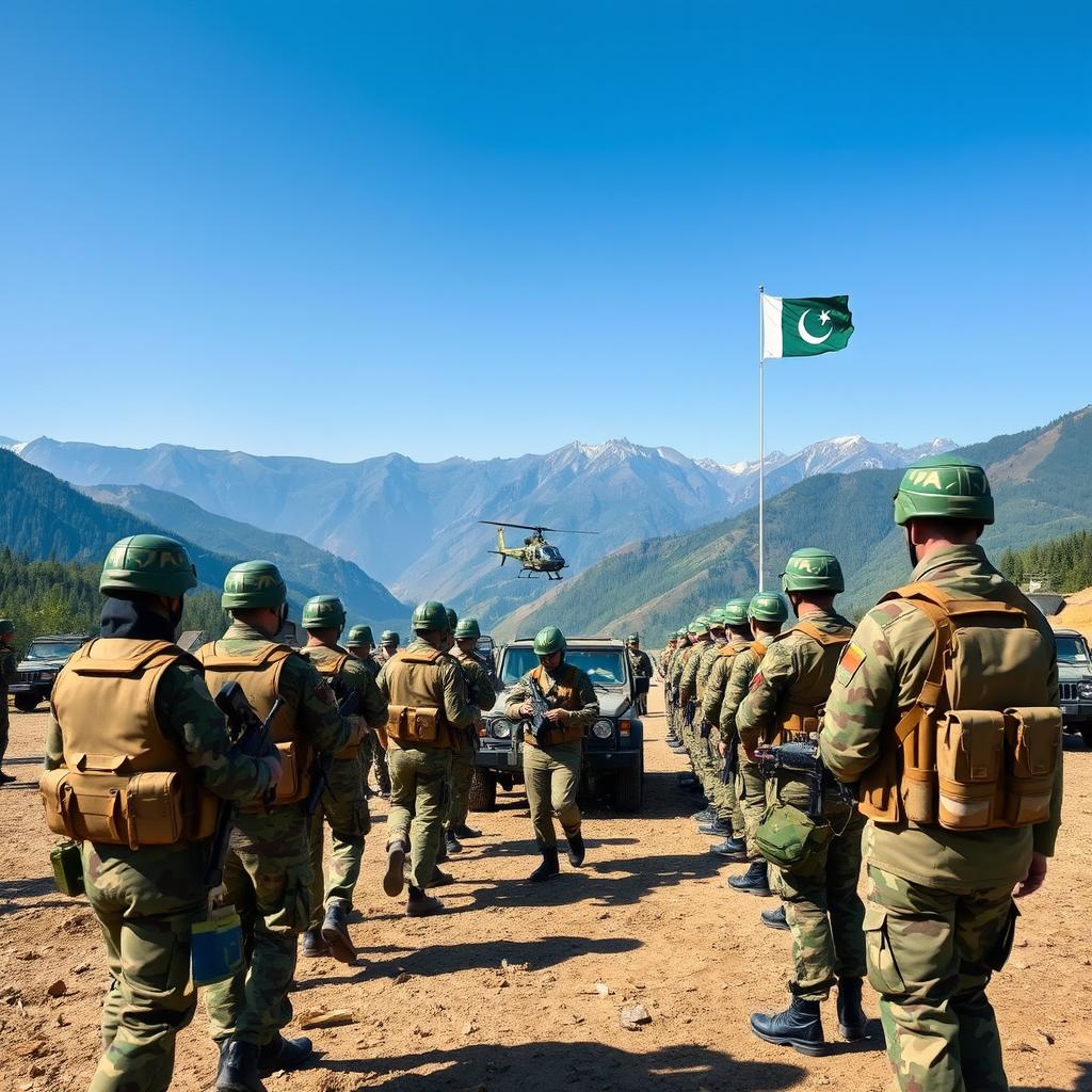 A majestic view of the Pakistan Army in action, showcasing soldiers in traditional military uniforms, demonstrating discipline and teamwork