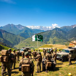 A majestic view of the Pakistan Army in action, showcasing soldiers in traditional military uniforms, demonstrating discipline and teamwork