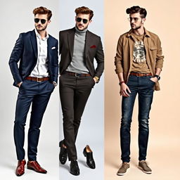 A stylish male model showcasing various attractive outfit combinations, including smart-casual looks, business attire, and laid-back styles