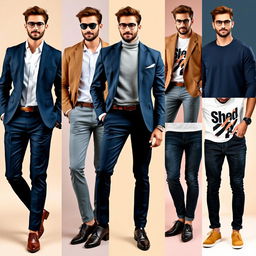 A stylish male model showcasing various attractive outfit combinations, including smart-casual looks, business attire, and laid-back styles