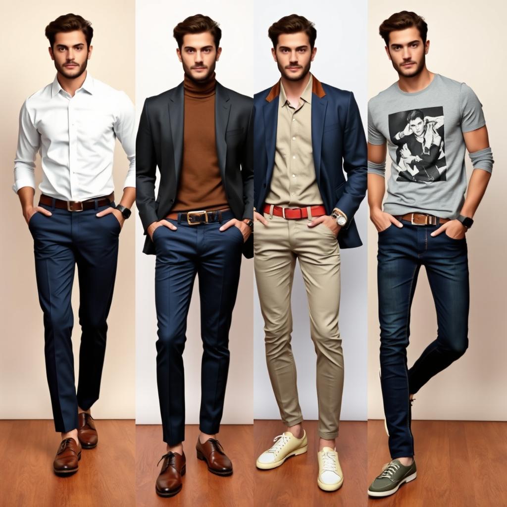 A stylish male model showcasing various attractive outfit combinations, including smart-casual looks, business attire, and laid-back styles