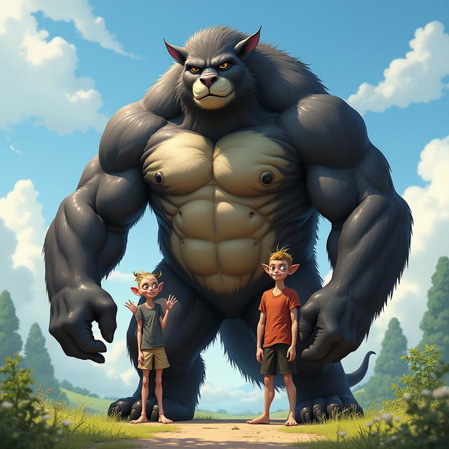 A strikingly muscular beast stands tall next to a slender, skinny figure