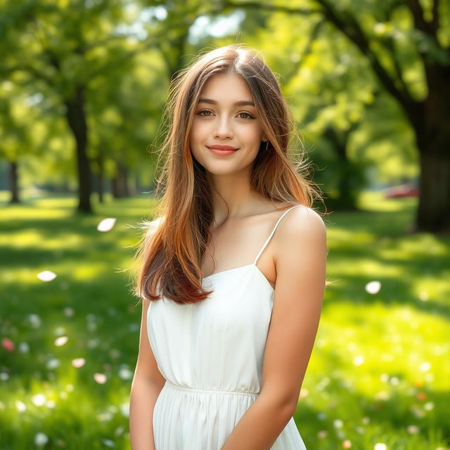 A beautiful young woman with light brown straight mid-length hair, standing in a serene park with sunlight filtering through the trees, wearing a delicate white dress