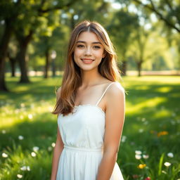 A beautiful young woman with light brown straight mid-length hair, standing in a serene park with sunlight filtering through the trees, wearing a delicate white dress