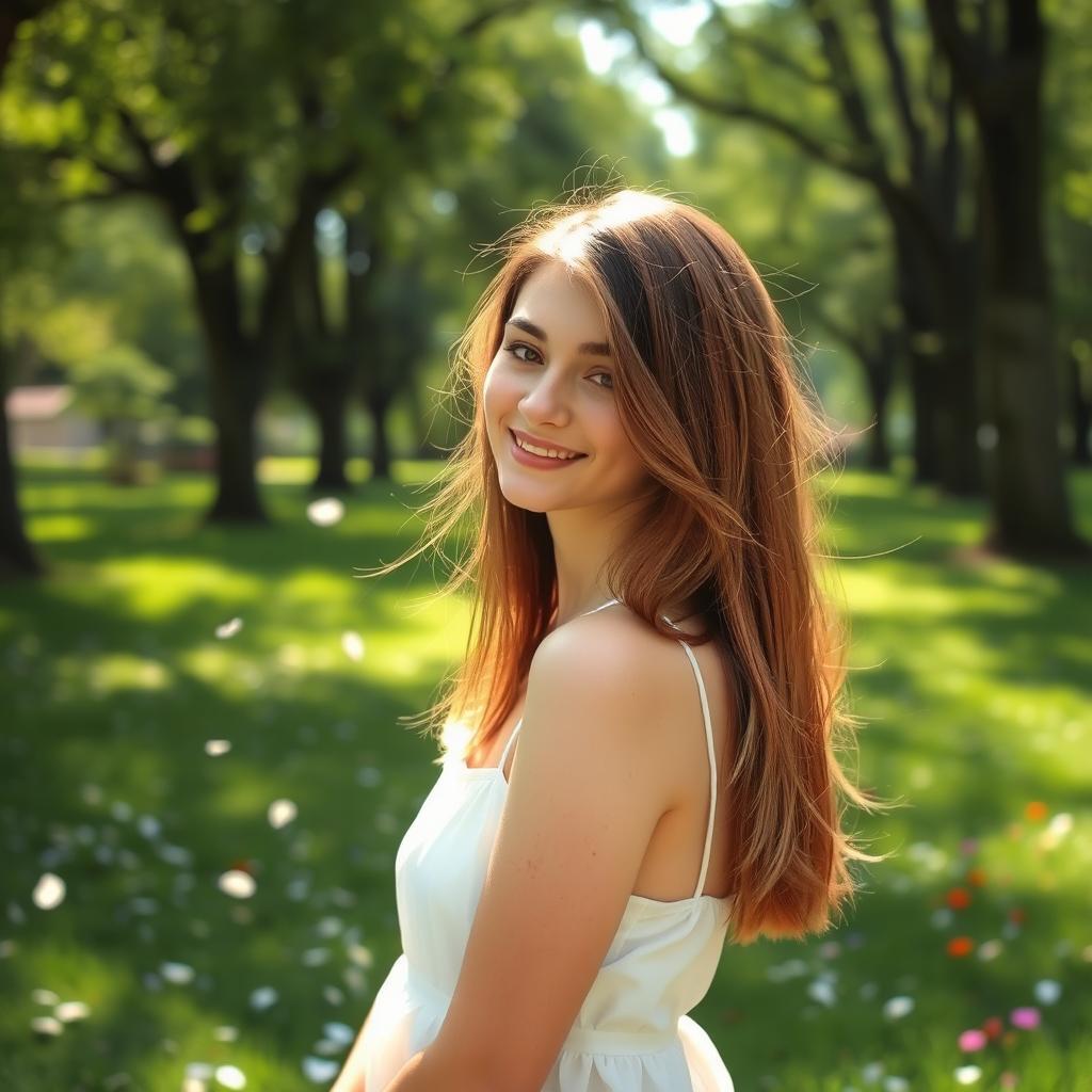 A beautiful young woman with light brown straight mid-length hair, standing in a serene park with sunlight filtering through the trees, wearing a delicate white dress