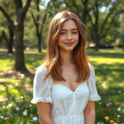 A beautiful young woman with light brown straight mid-length hair, standing in a serene park with sunlight filtering through the trees, wearing a delicate white dress