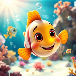A cute and colorful animated fish swimming happily in a vibrant underwater scene, surrounded by coral reefs, bubbles, and other small marine life