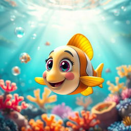 A cute and colorful animated fish swimming happily in a vibrant underwater scene, surrounded by coral reefs, bubbles, and other small marine life