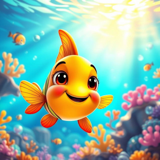 A cute and colorful animated fish swimming happily in a vibrant underwater scene, surrounded by coral reefs, bubbles, and other small marine life