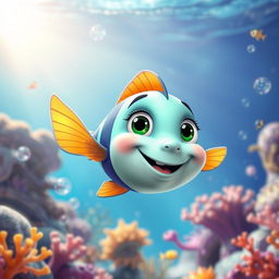 A cute and colorful animated fish swimming happily in a vibrant underwater scene, surrounded by coral reefs, bubbles, and other small marine life