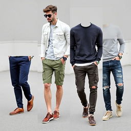A stylish collage showcasing various casual outfits for men featuring trendy color combinations