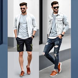 A stylish collage showcasing various casual outfits for men featuring trendy color combinations
