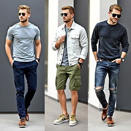 A stylish collage showcasing various casual outfits for men featuring trendy color combinations