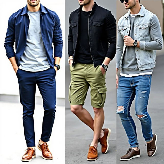 A stylish collage showcasing various casual outfits for men featuring trendy color combinations