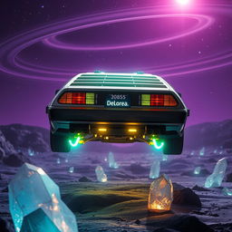 A DeLorean emblazoned with the 'DeLorea' license plate, hovering gently on an alien planet