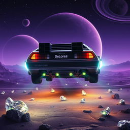 A DeLorean emblazoned with the 'DeLorea' license plate, hovering gently on an alien planet