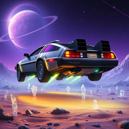 A DeLorean emblazoned with the 'DeLorea' license plate, hovering gently on an alien planet