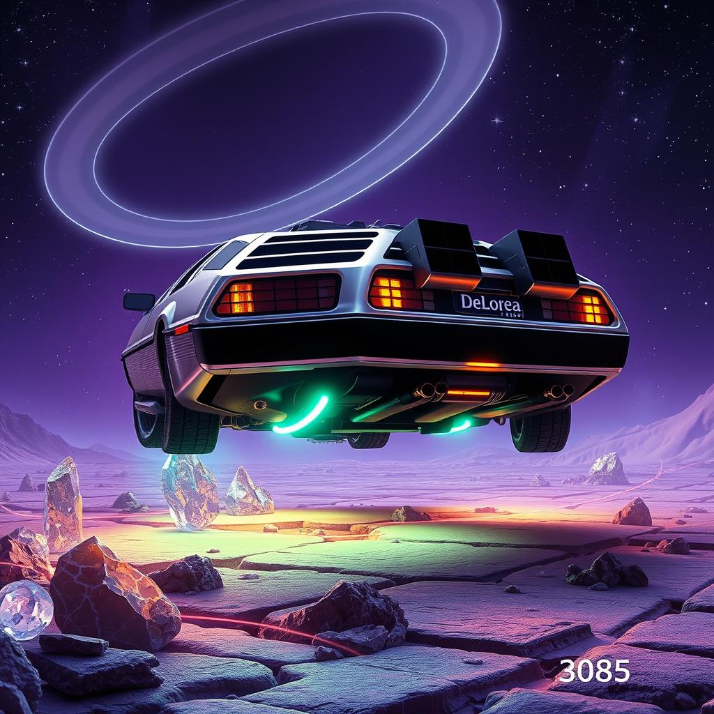 A DeLorean emblazoned with the 'DeLorea' license plate, hovering gently on an alien planet