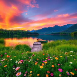 A vibrant and serene landscape featuring a beautiful sunset over a calm lake, surrounded by lush green forests and distant mountains
