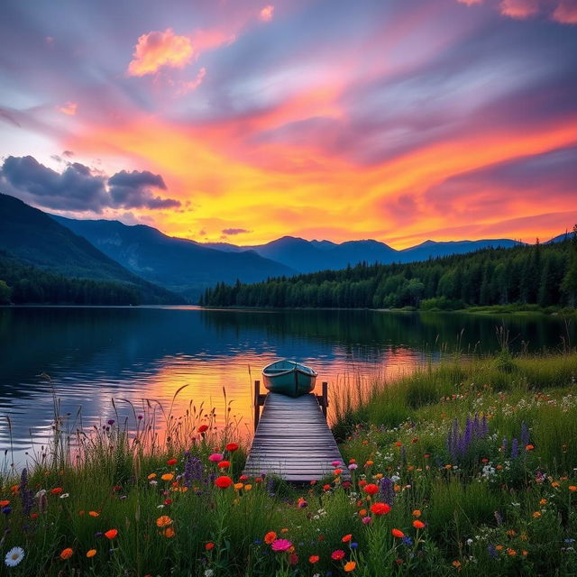 A vibrant and serene landscape featuring a beautiful sunset over a calm lake, surrounded by lush green forests and distant mountains