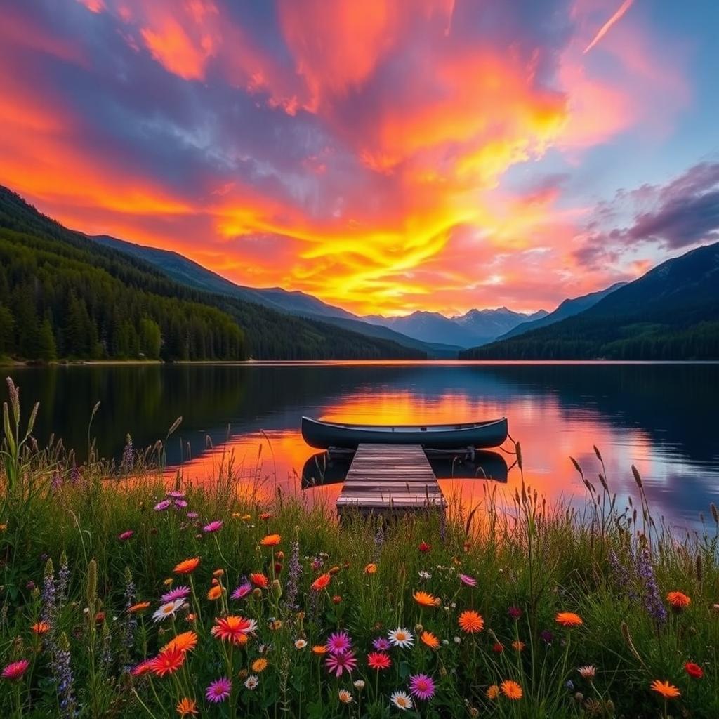 A vibrant and serene landscape featuring a beautiful sunset over a calm lake, surrounded by lush green forests and distant mountains