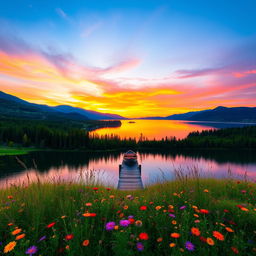 A vibrant and serene landscape featuring a beautiful sunset over a calm lake, surrounded by lush green forests and distant mountains