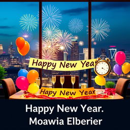 A vibrant and festive Happy New Year theme designed to wish the best for Moawia Elberier and his company