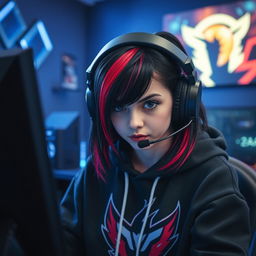 A stylish girl with striking black and red hair, wearing a high-quality gaming headset